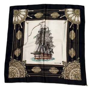 Bellotti Vintage Nautical Silk Scarf Sailing Ship Compass Black Gold Theme 34x34